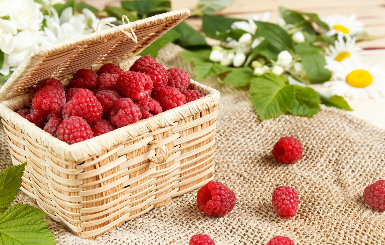 Photo wallpaper leaves, raspberry, berry, basket