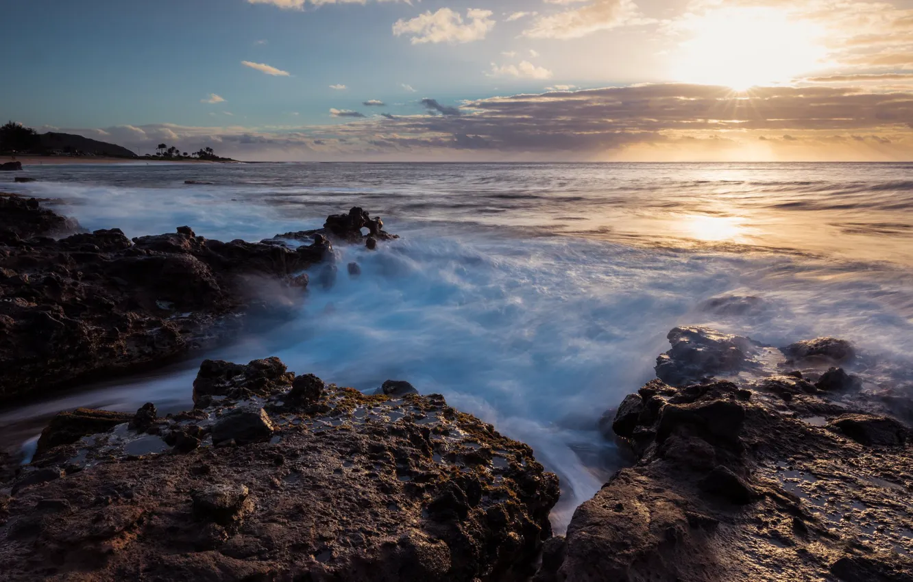 Photo wallpaper sea, the sun, clouds, stones, coast, Marina