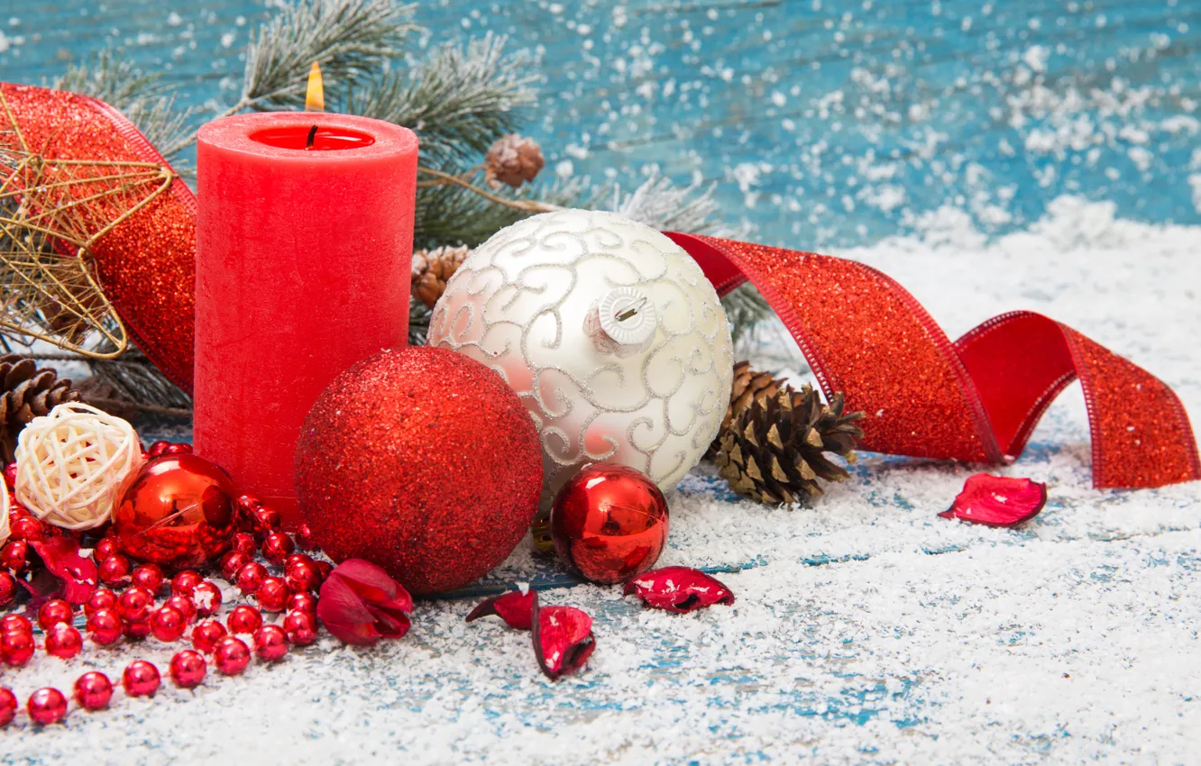 Photo wallpaper Snow, New Year, Candle, Balls, Balls, Decoration, Holidays, Bump