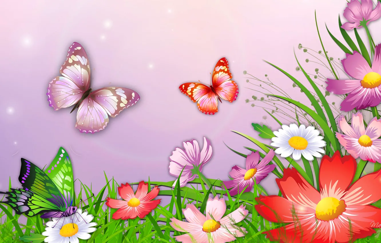 Photo wallpaper grass, butterfly, flowers, nature, figure, vector