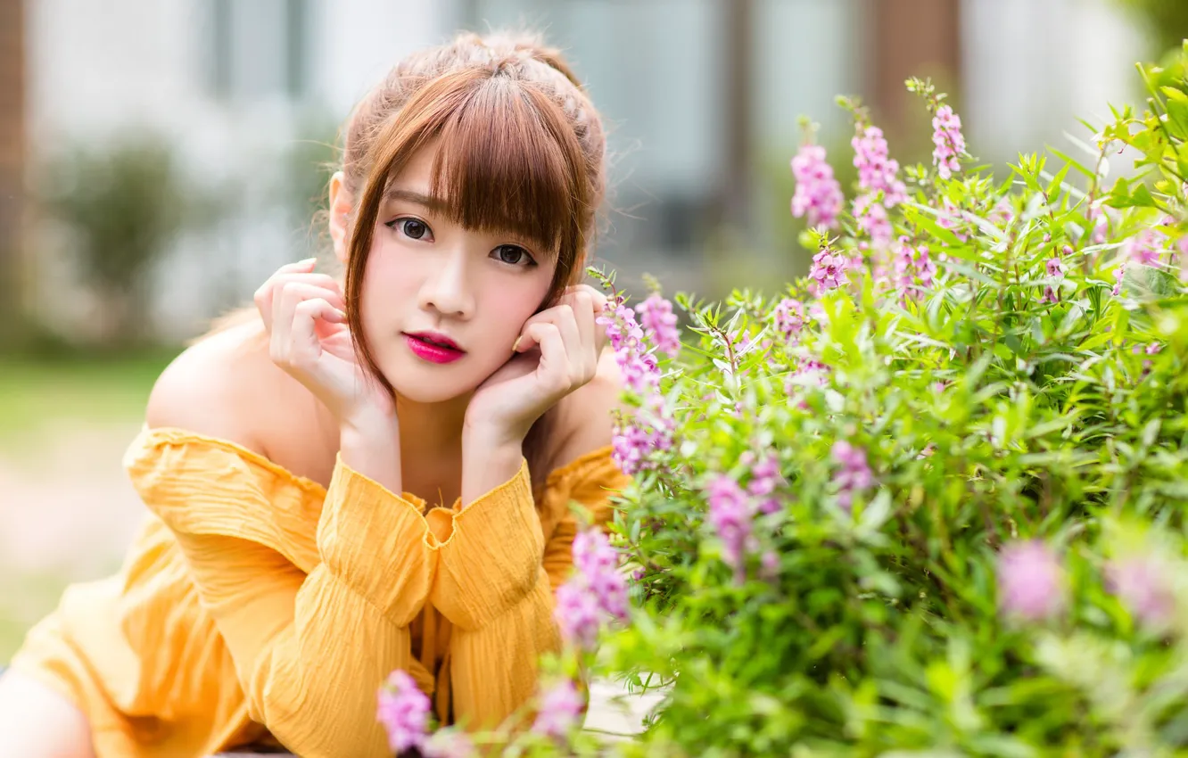 Photo wallpaper flowers, foliage, Asian, beautiful girl, flowers, beautiful girl, asian, bare shoulders