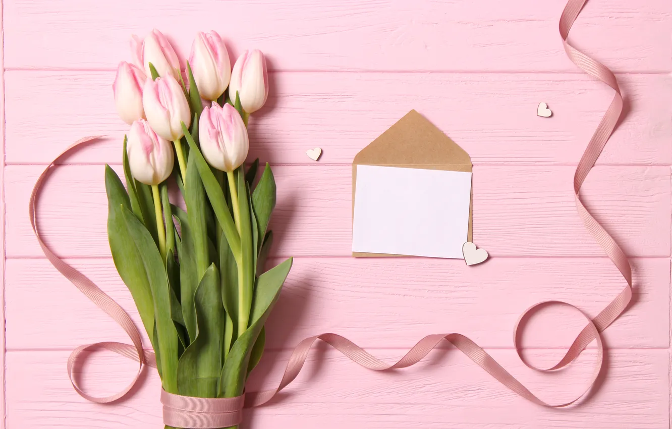 Photo wallpaper flowers, bouquet, tulips, pink, wood, pink, flowers, beautiful