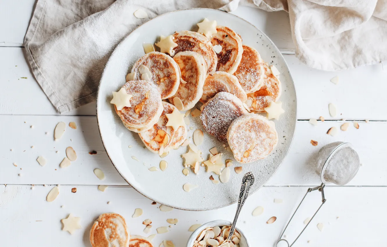 Photo wallpaper Breakfast, wood, cakes, powdered sugar, pancakes