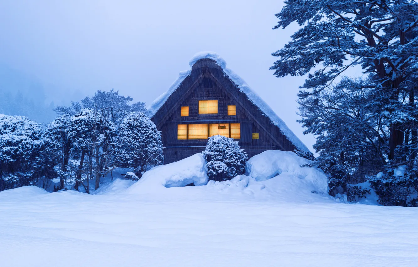 Photo wallpaper winter, snow, trees, house, hut, trees, landscape, winter