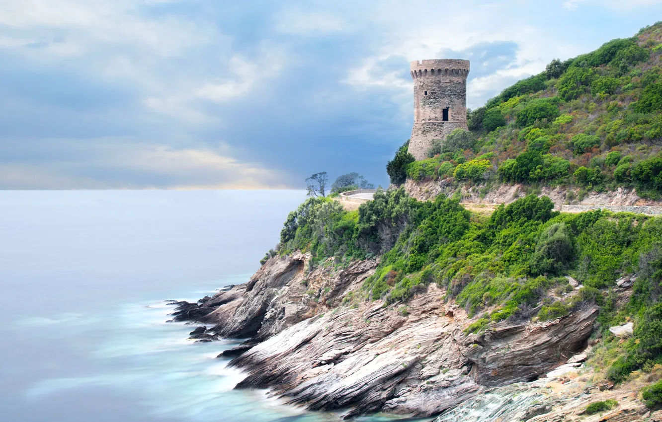 Photo wallpaper sea, the sky, clouds, castle, rocks, shore, vegetation, tower