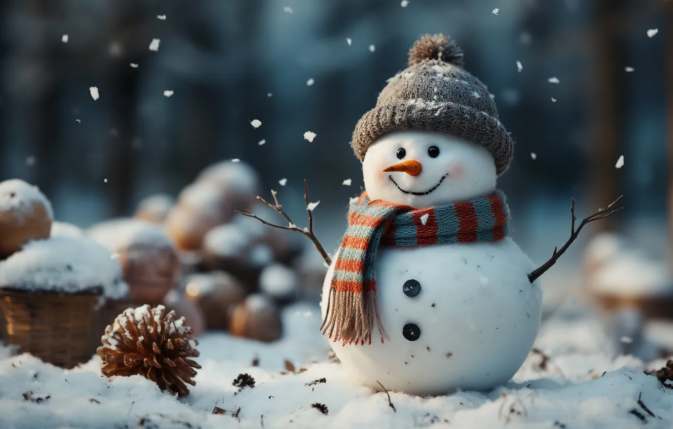 Photo wallpaper winter, snow, new year, Christmas, snowman, Christmas, winter, snow