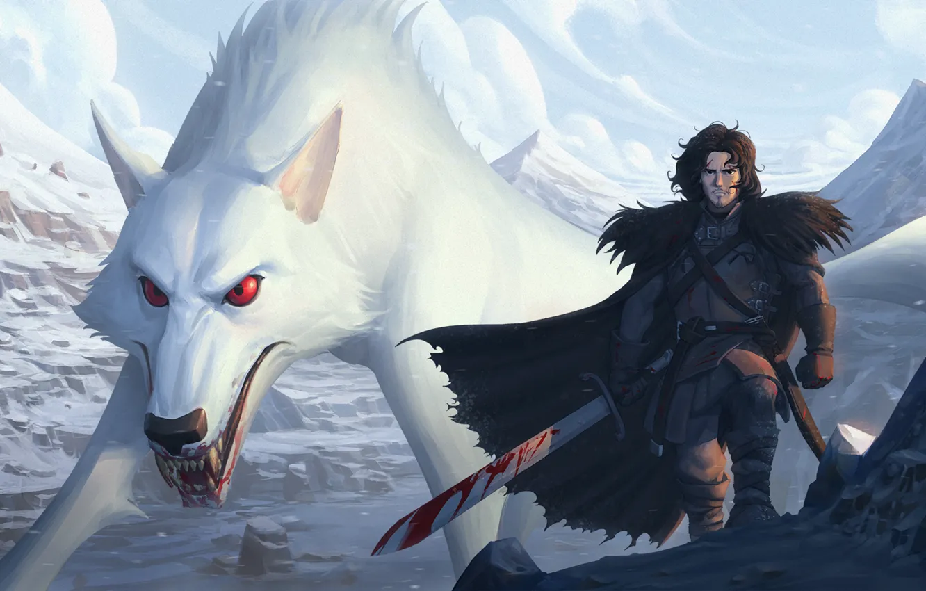 Photo wallpaper blood, sword, Ghost, art, wolf, Game of Thrones, a song of ice and fire, jon …