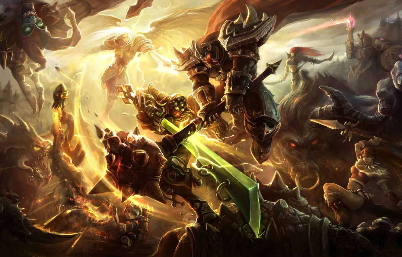 Photo wallpaper battlefield, magic, League of Legends, swords, Creatures, maces