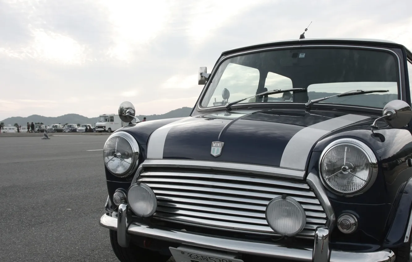 Photo wallpaper machine, retro, lights, Mini, The hood, Mini Cooper, the front, Mini Cooper