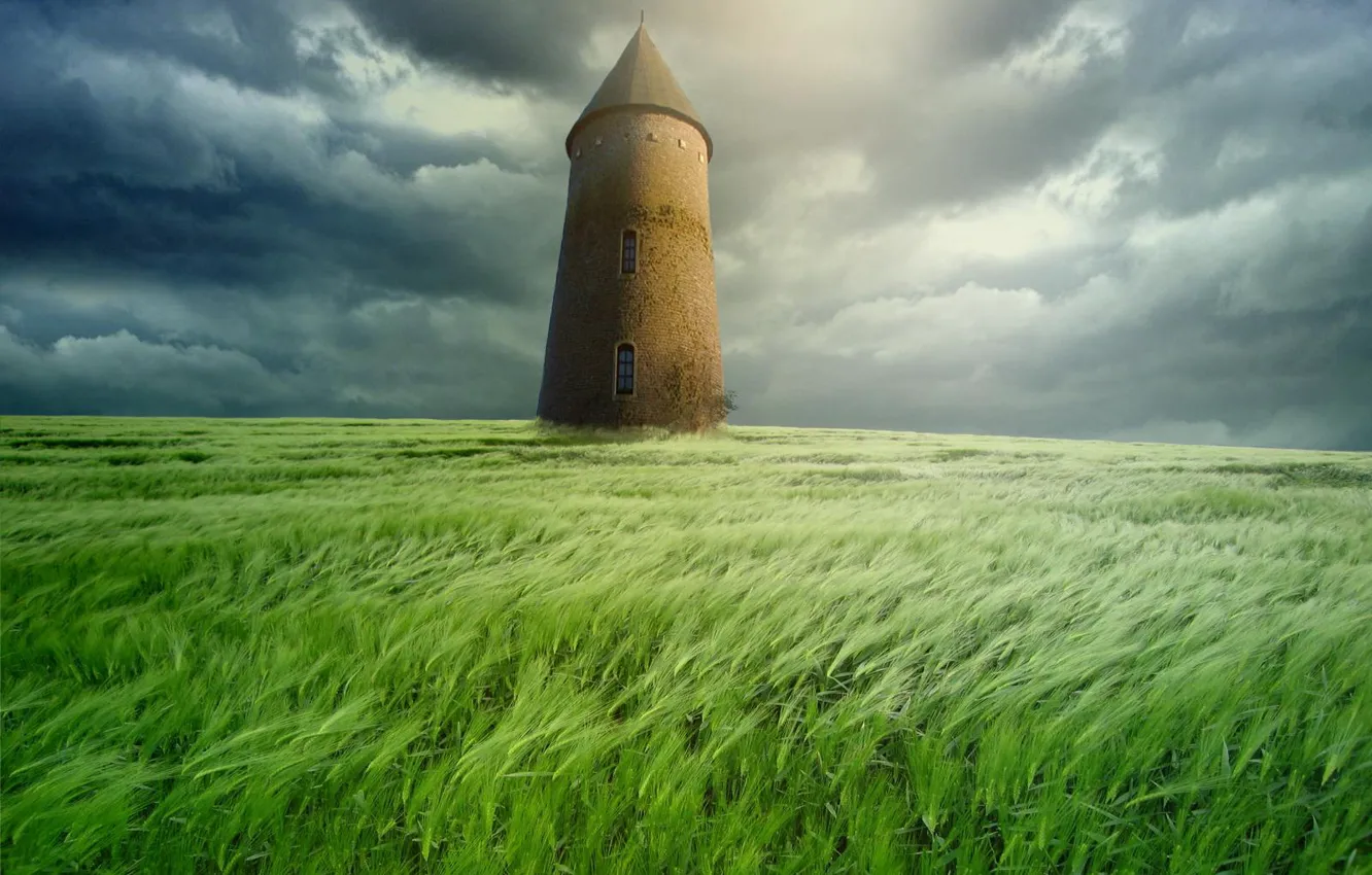Photo wallpaper field, clouds, tower
