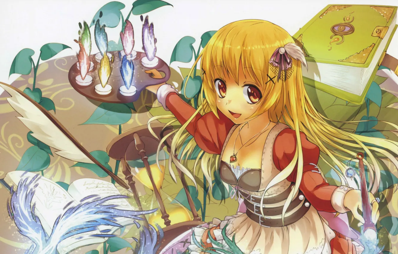 Photo wallpaper magic, magic, feathers, girl, pendant, book, palette, brush
