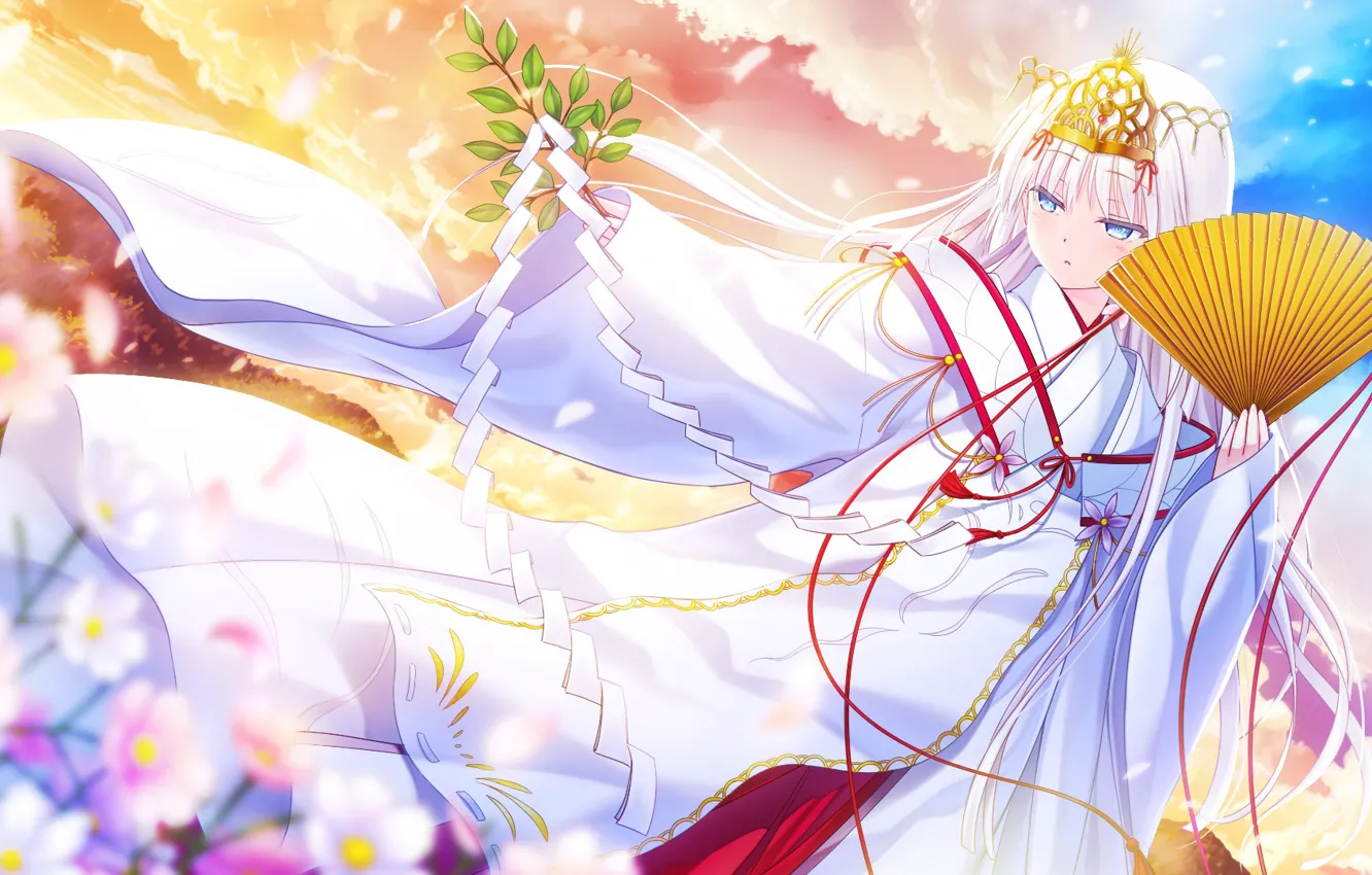 Photo wallpaper the sky, girl, flowers, the game, dance, the evening, morning, fan