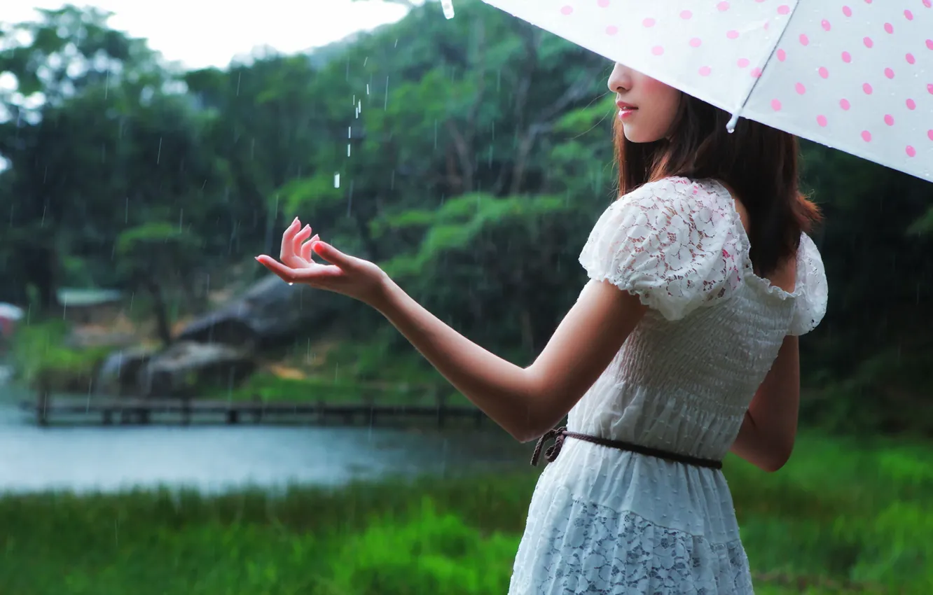 Photo wallpaper girl, rain, umbrella