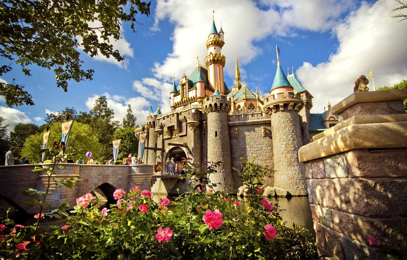Photo wallpaper the sky, flowers, castle, paint, beauty, CA, USA, Disneyland