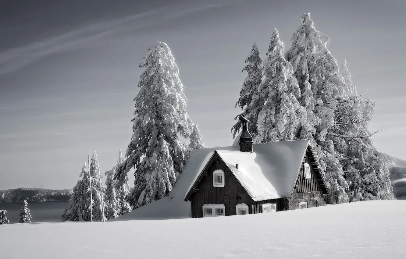 Photo wallpaper winter, roof, forest, the sky, snow, mountains, home, ate