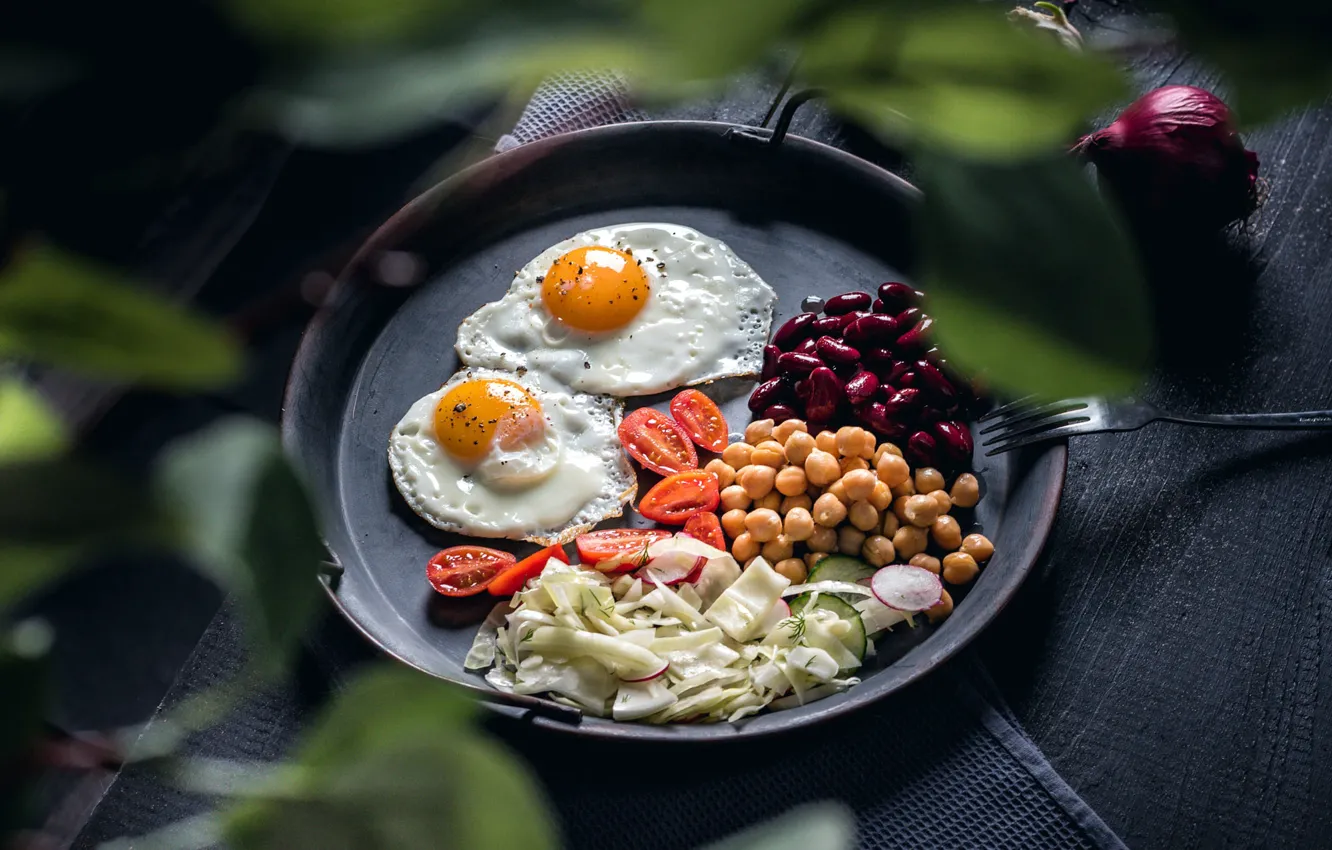Photo wallpaper leaves, the dark background, table, food, eggs, towel, Breakfast, bow