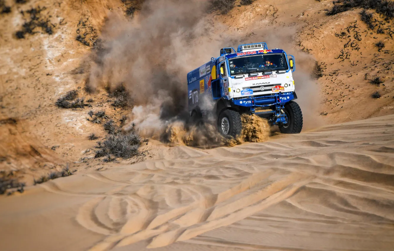 Photo wallpaper race, smoke, dunes, Truck, Master, Russia, Kamaz, Rally