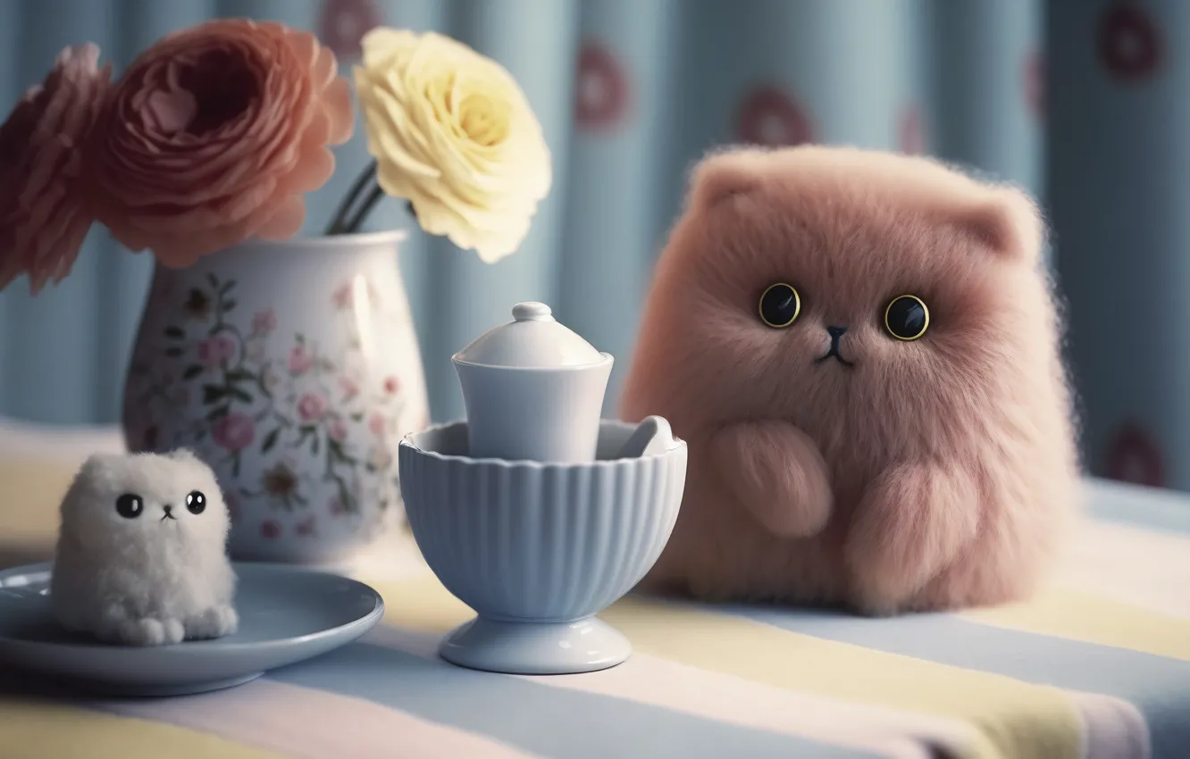 Photo wallpaper cat, look, flowers, table, toy, cat, bouquet, dishes