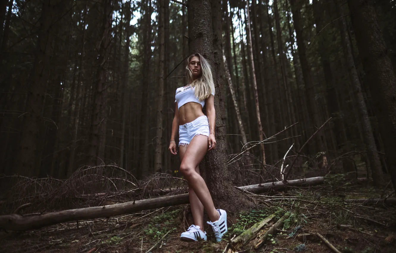 Photo wallpaper forest, look, trees, sexy, pose, model, shorts, portrait