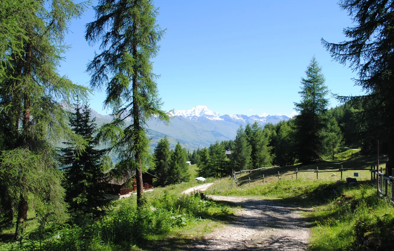 Photo wallpaper road, summer, village, Alps