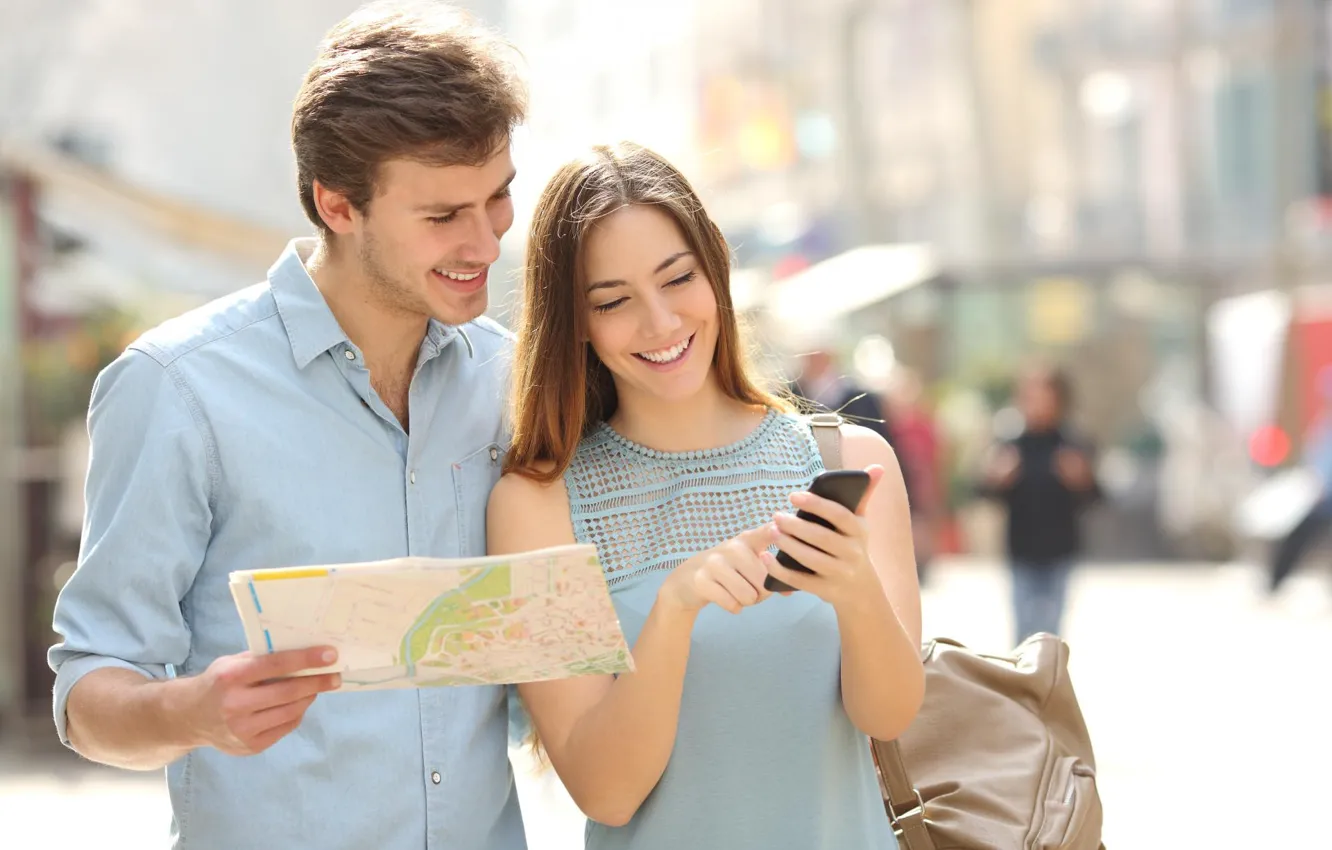 Photo wallpaper summer, girl, the city, map, phone, guy, tourists, routes