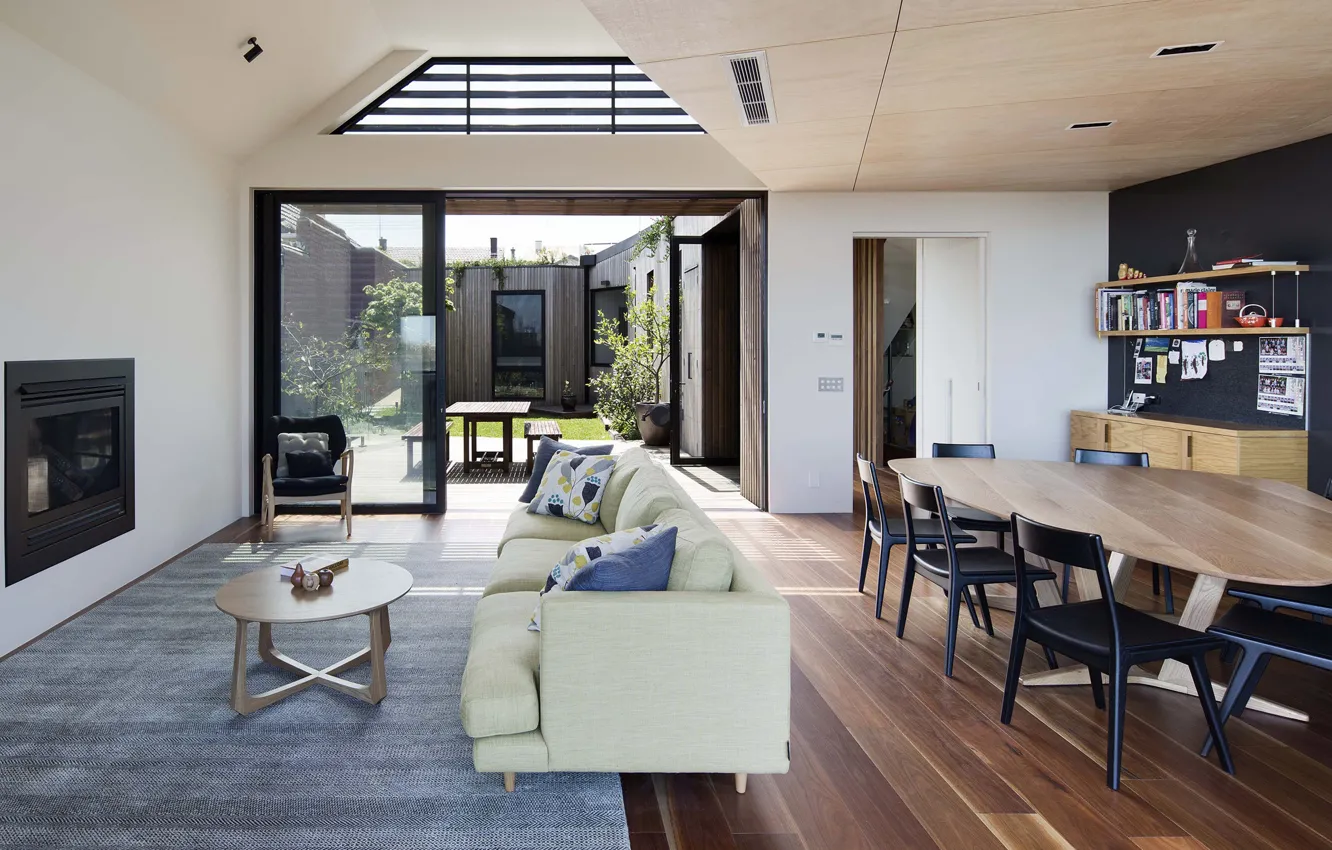 Photo wallpaper interior, fireplace, terrace, living room, dining room, by Gardiner Architects, Melbourne house