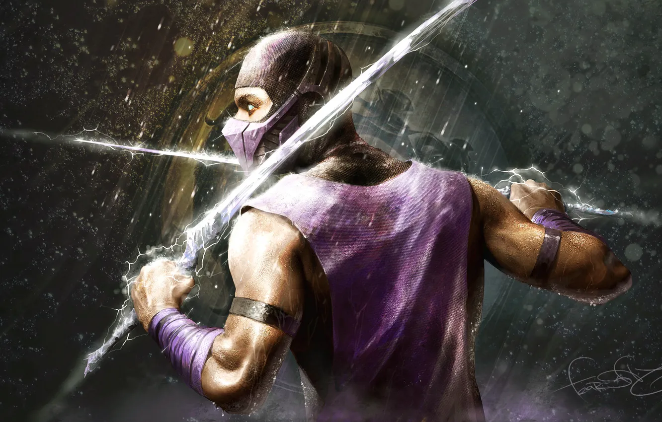 Photo wallpaper weapons, rain, lightning, sword, warrior, rain, Mortal Kombat, fan art
