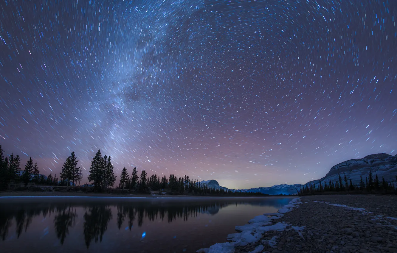 Photo wallpaper forest, stars, snow, landscape, mountains, nature, lake, dawn