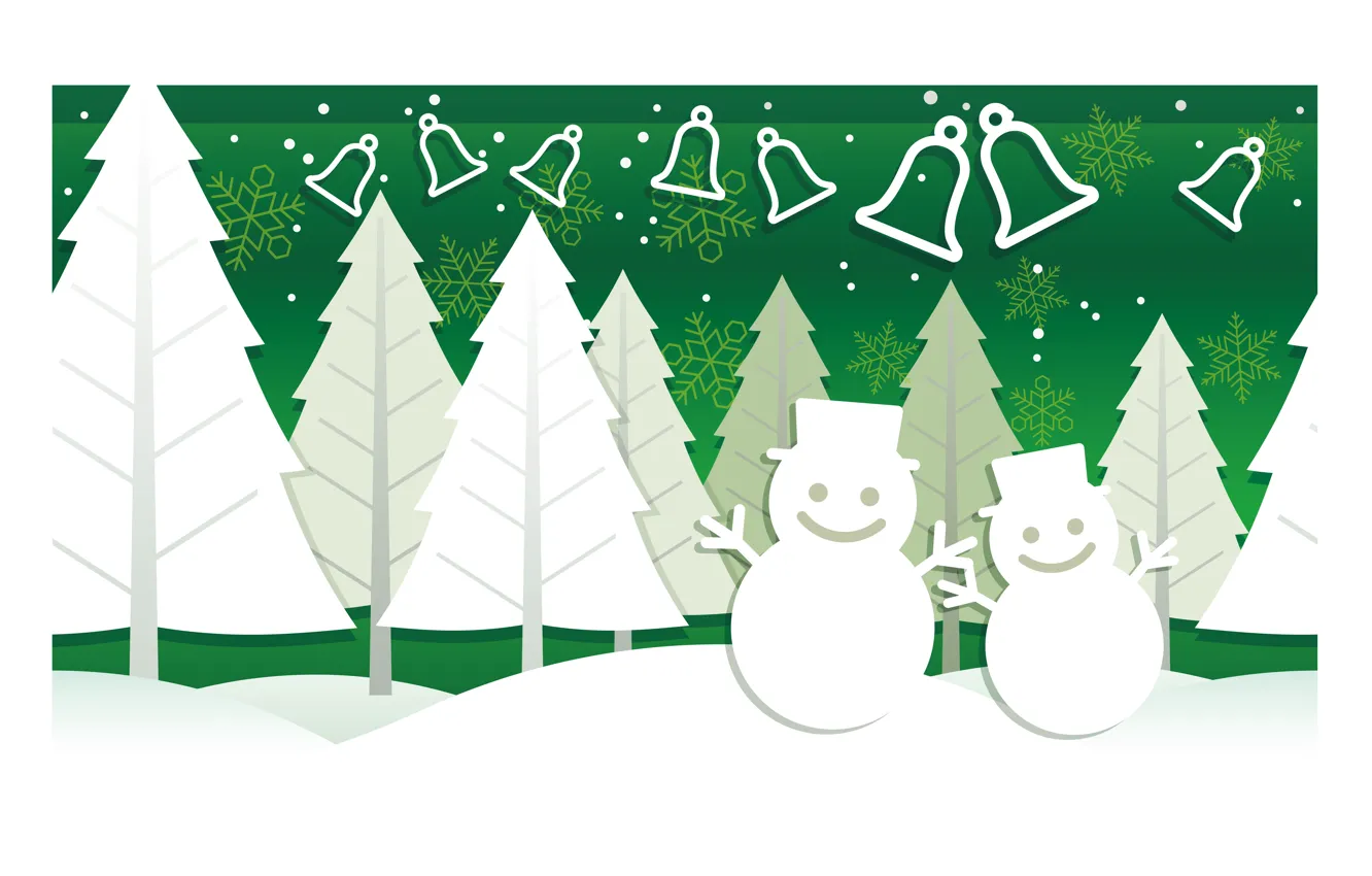 Photo wallpaper forest, snowflakes, graphics, Christmas, the snow, New year, snowmen, snowman