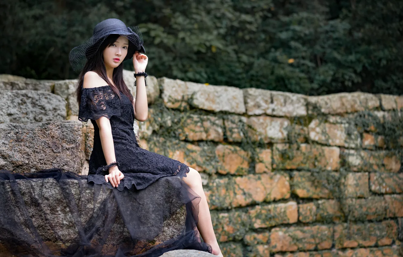 Photo wallpaper girl, dress, hat, Asian, cutie