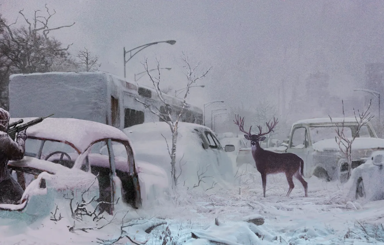 Photo wallpaper snow, people, deer, highway, rifle, postapokalipsis