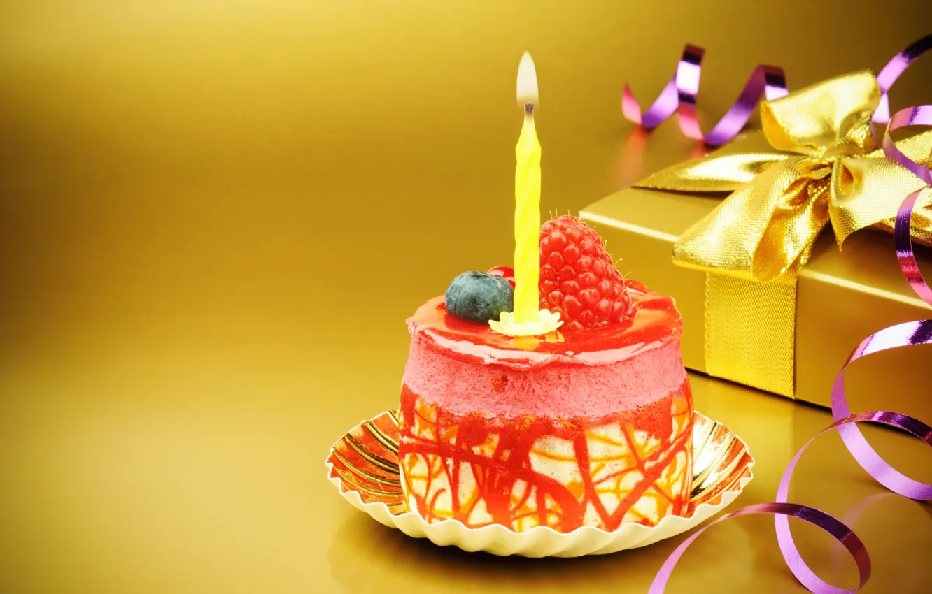 Photo wallpaper gift, candle, cake, bow, happy birthday, happy birthday