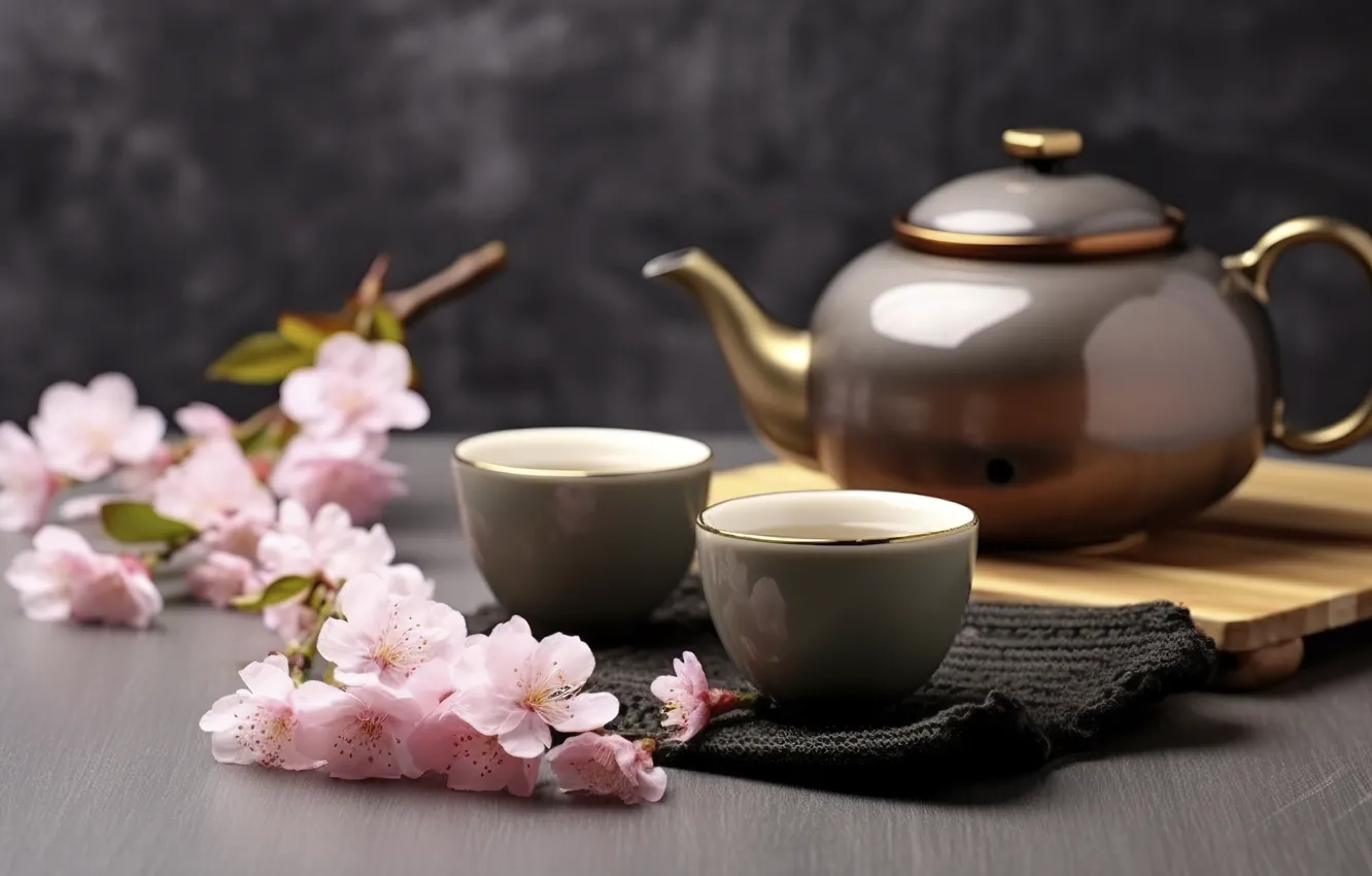 Photo wallpaper table, tea, mug, Cup, drink, AI art, neural network