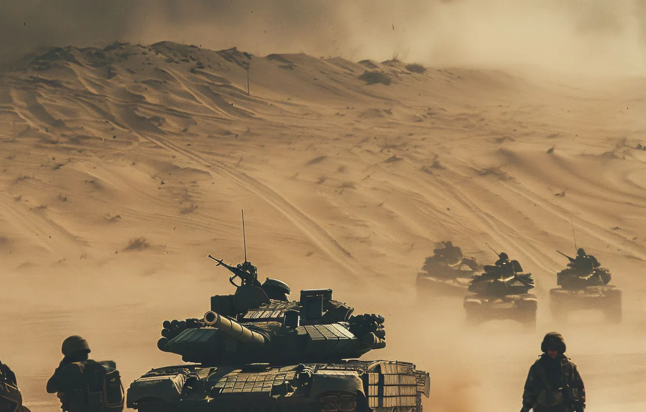 Photo wallpaper sand, retro, smoke, dust, soldiers, tank, digital art, AI art
