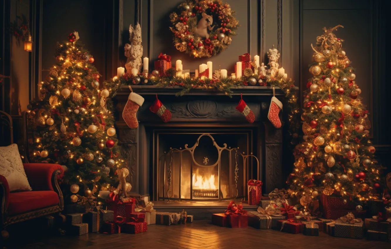 Photo wallpaper decoration, room, gift, balls, tree, new year, interior, Christmas