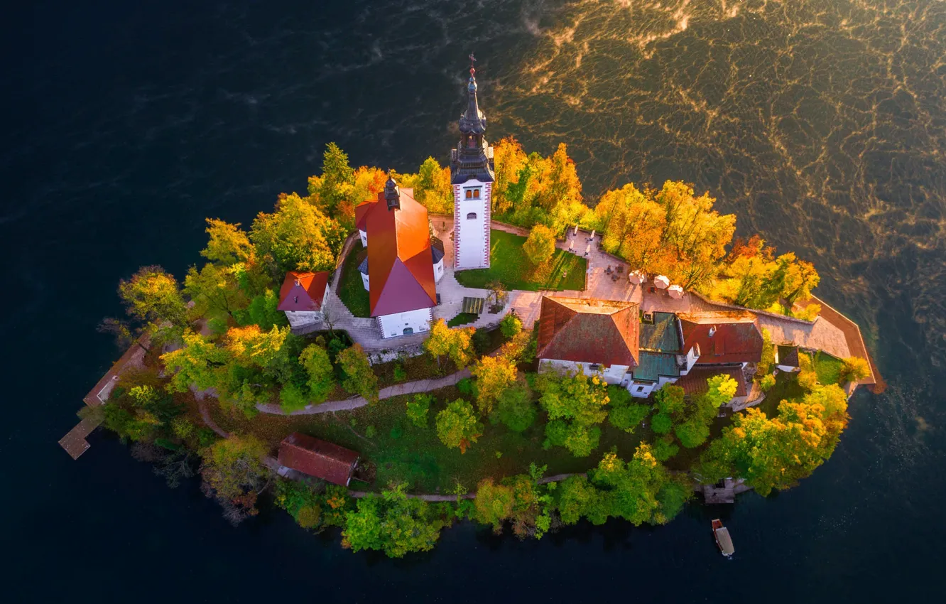 Photo wallpaper trees, landscape, nature, lake, home, Church, island, Slovenia