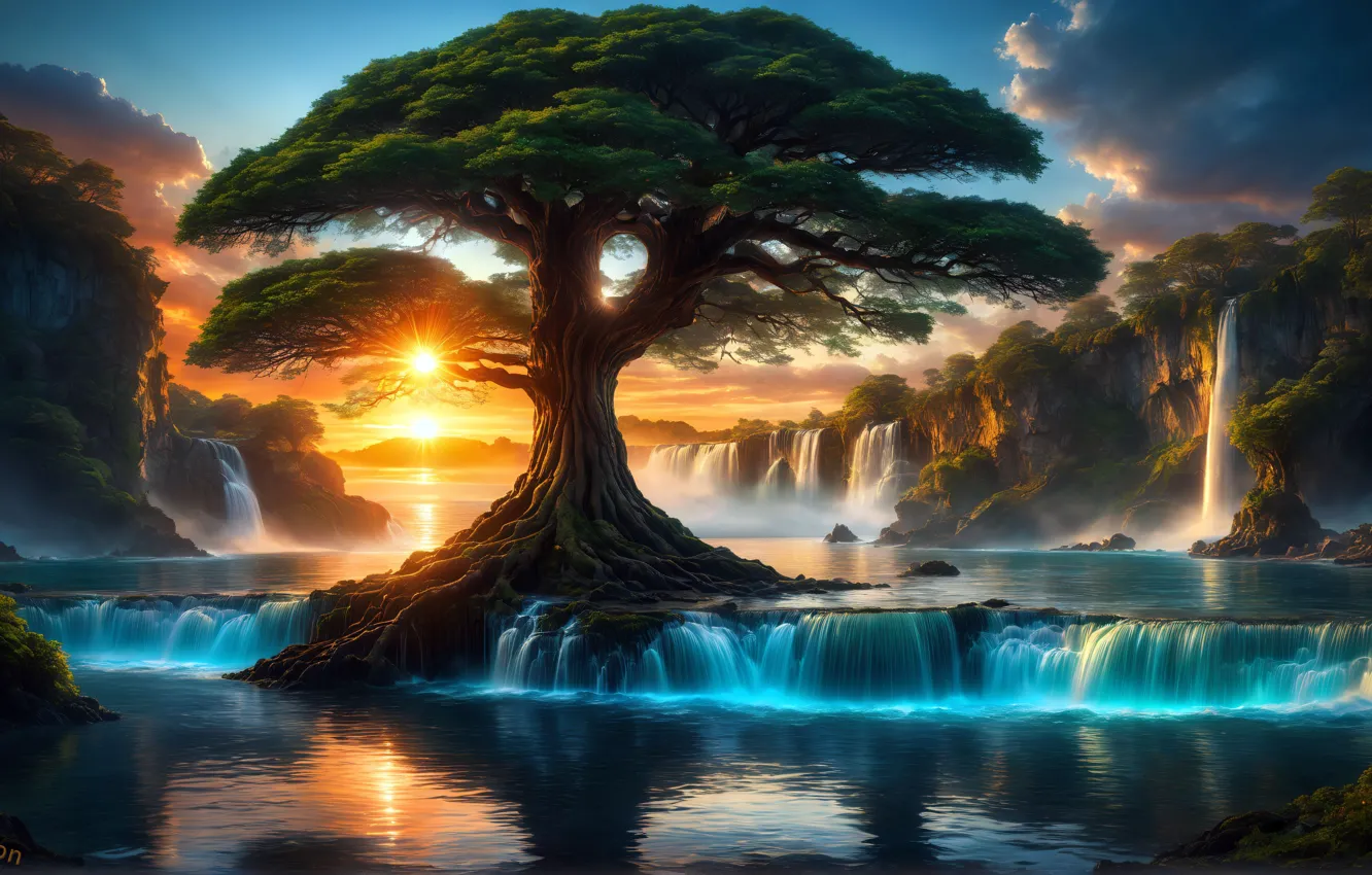 Photo wallpaper water, trees, mountains, nature, waterfall, beauty, nature, sunset