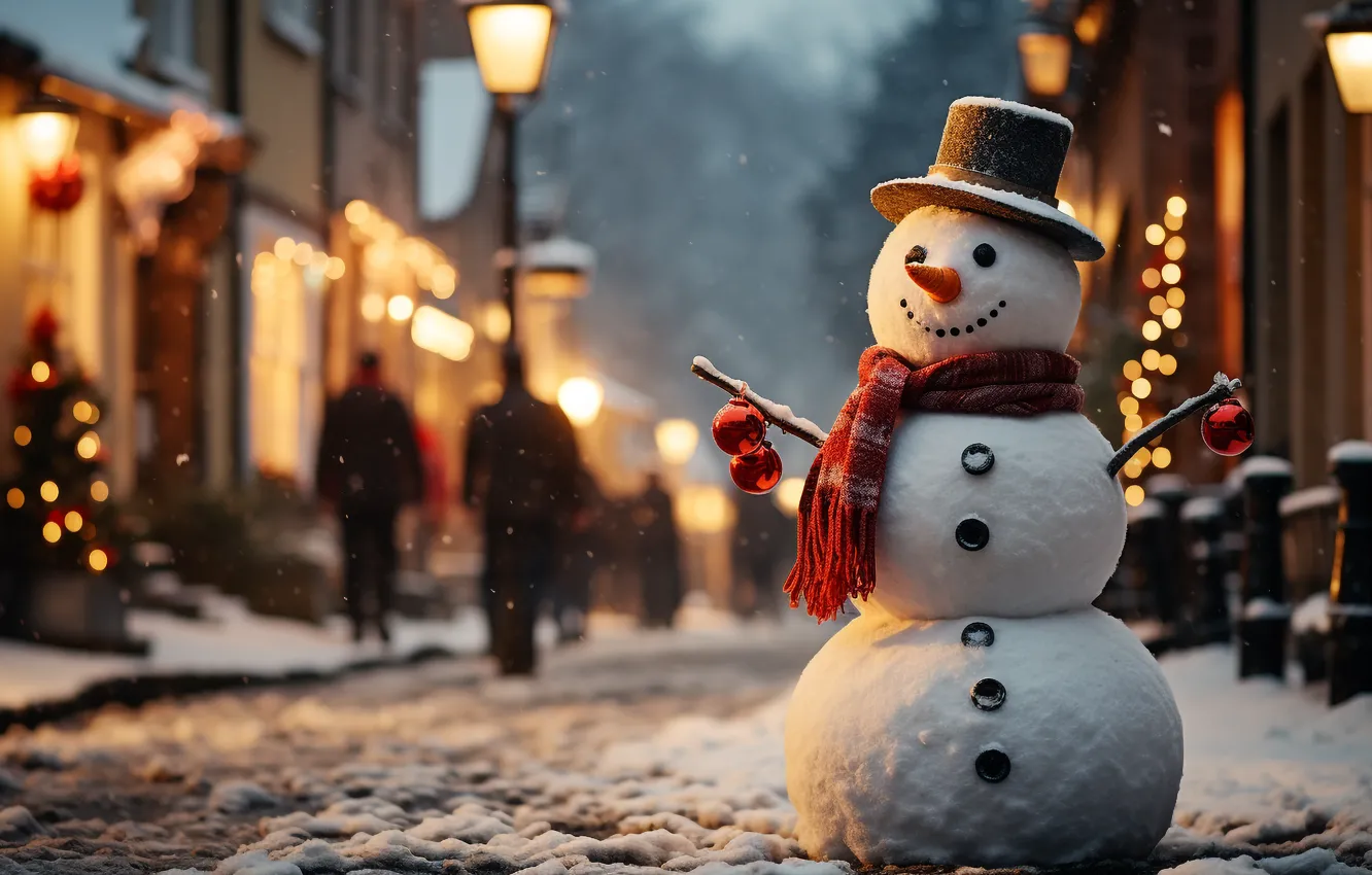 Photo wallpaper winter, snow, street, new year, Christmas, snowman, Christmas, night