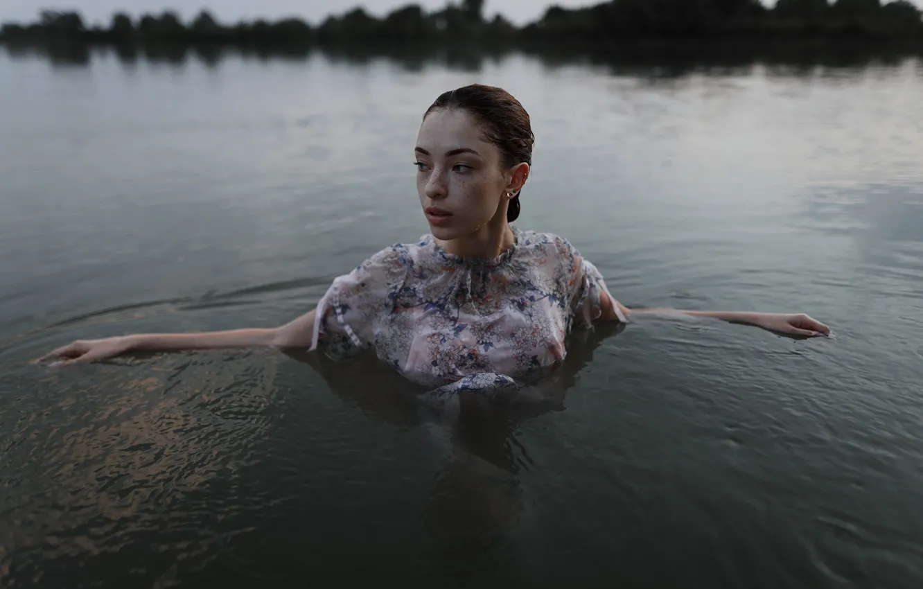 Photo wallpaper girl, wet, dress, freckles, in the water, Aleks Five, Elizabeth Mills
