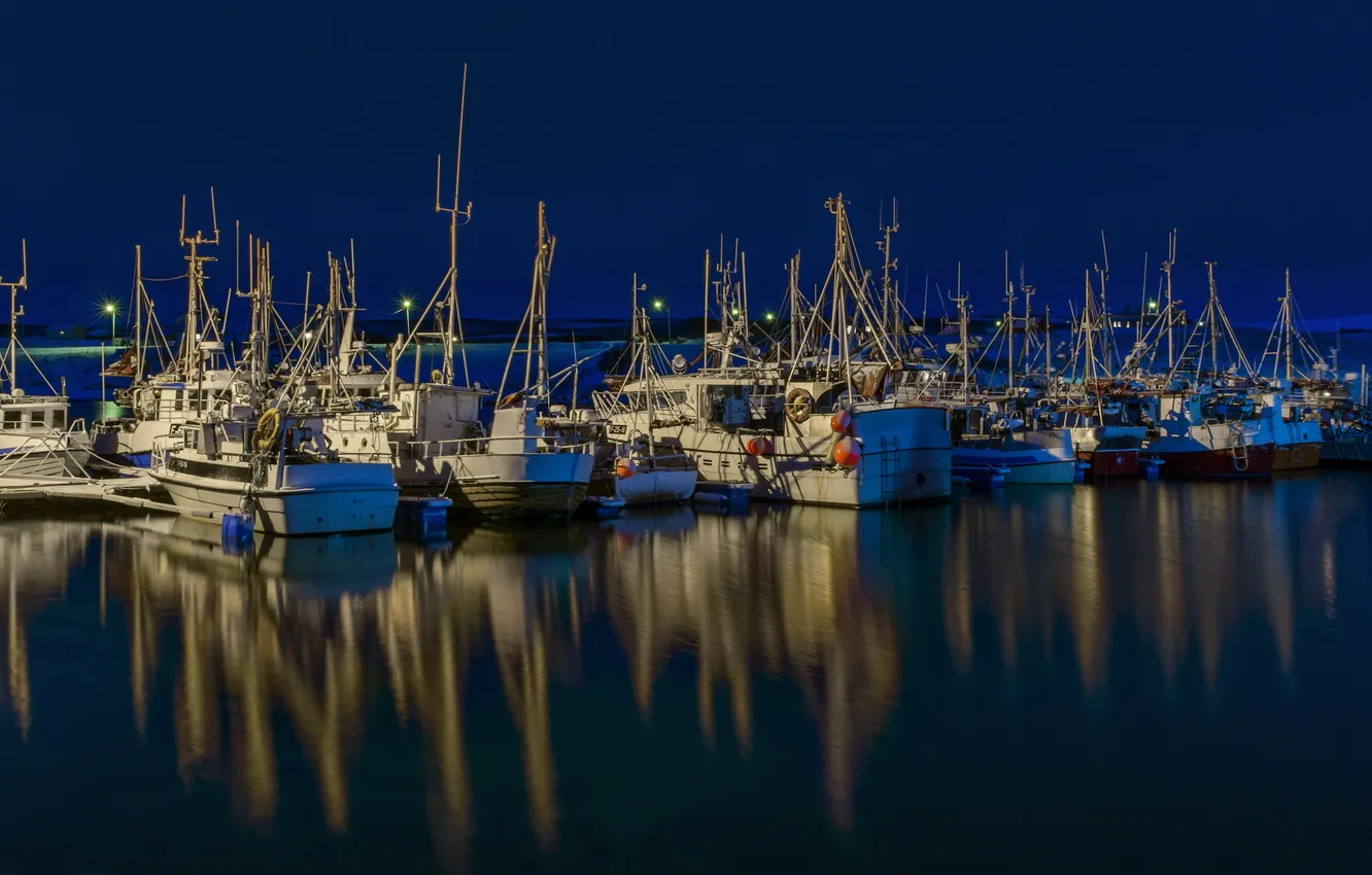 Photo wallpaper fishing boats, Nesseby, Finnmark, Polar Night