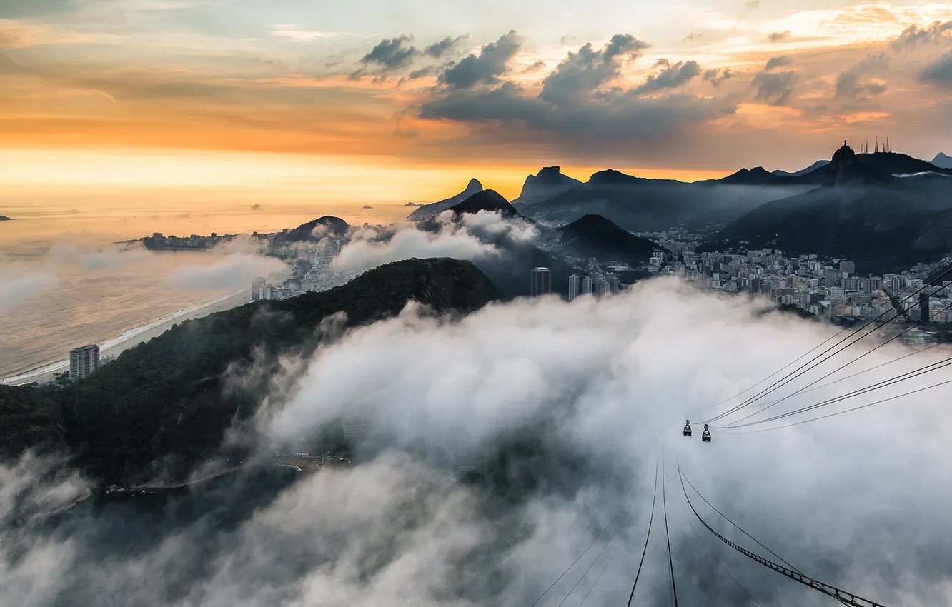 Photo wallpaper sunset, the city, Rio de Janeiro, cable car
