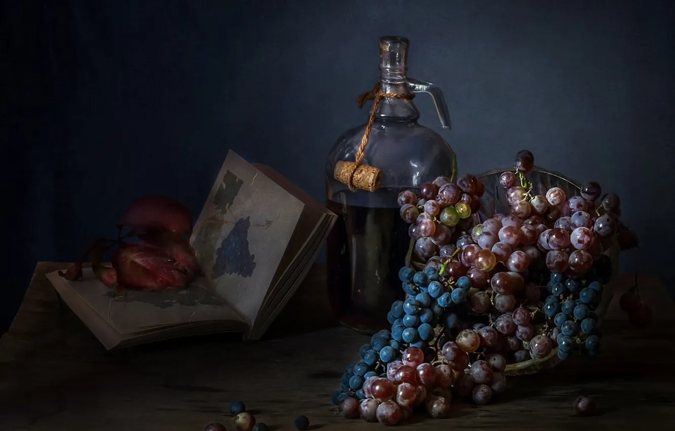 Photo wallpaper blue, table, wine, dark, home, grapes, pitcher, lilac