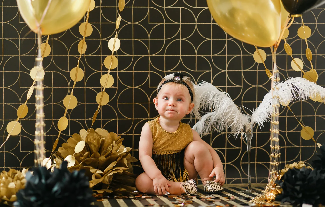Photo wallpaper background, balls, dress, girl, bow, Baby, baby, Child