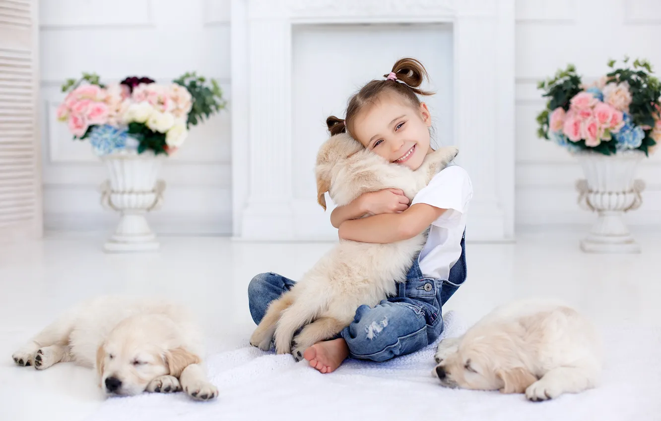 Photo wallpaper joy, photo, child, puppies, girl, Retriever