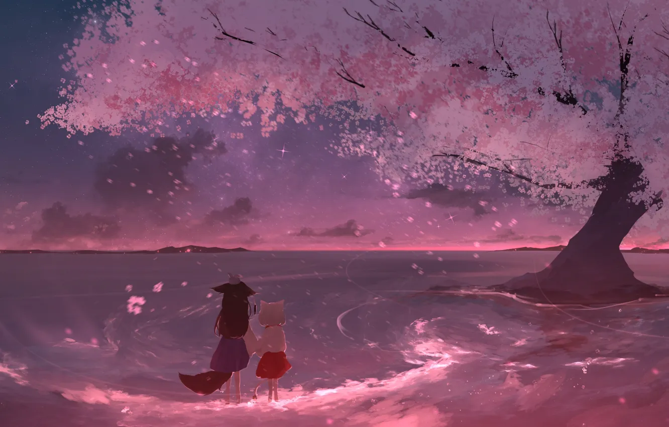 Photo wallpaper cat, water, night, Sakura, rabbit, fantasy, girl, dog