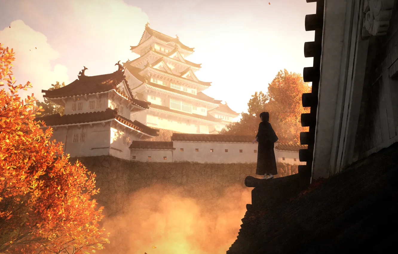 Photo wallpaper autumn, girl, trees, pagoda