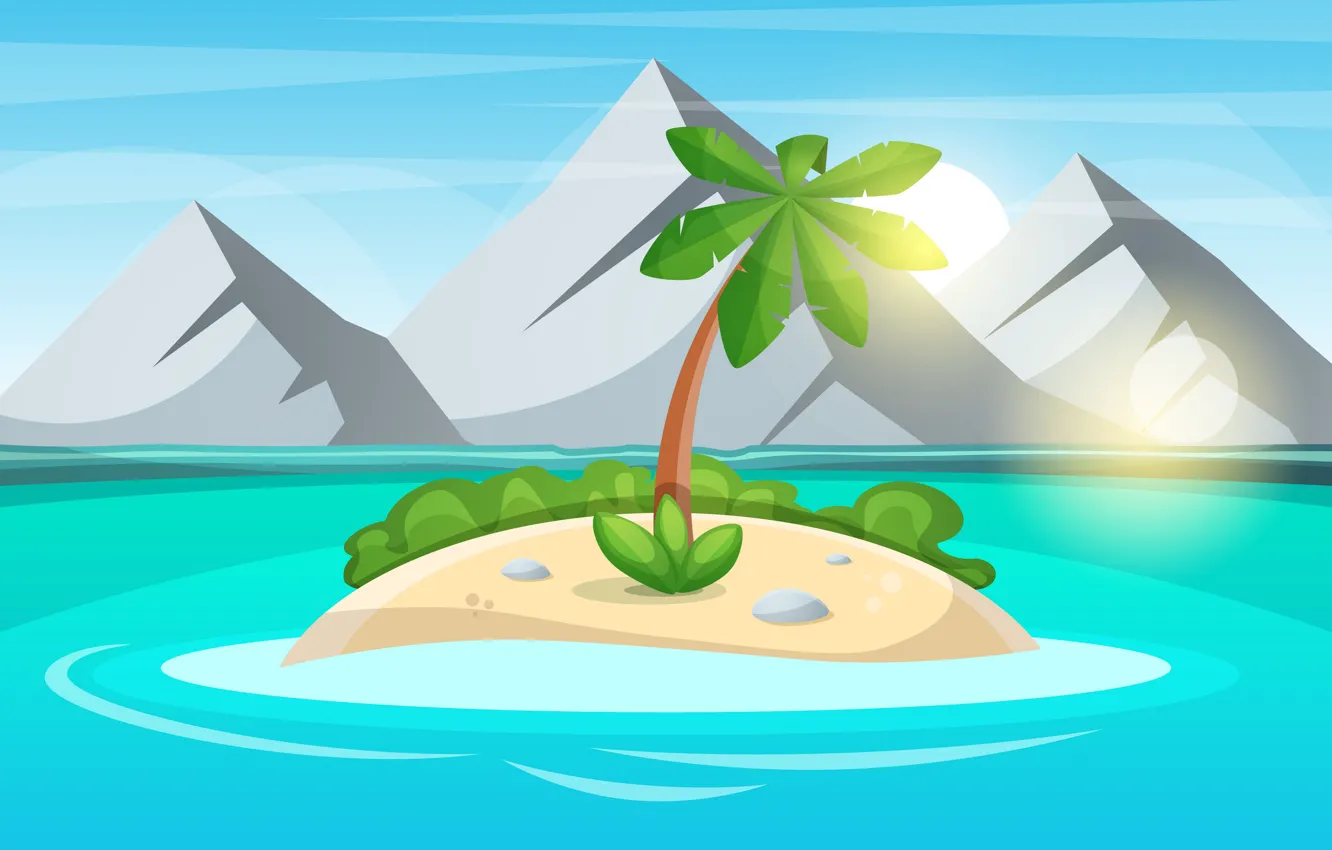 Photo wallpaper mountains, palm trees, rendering, island