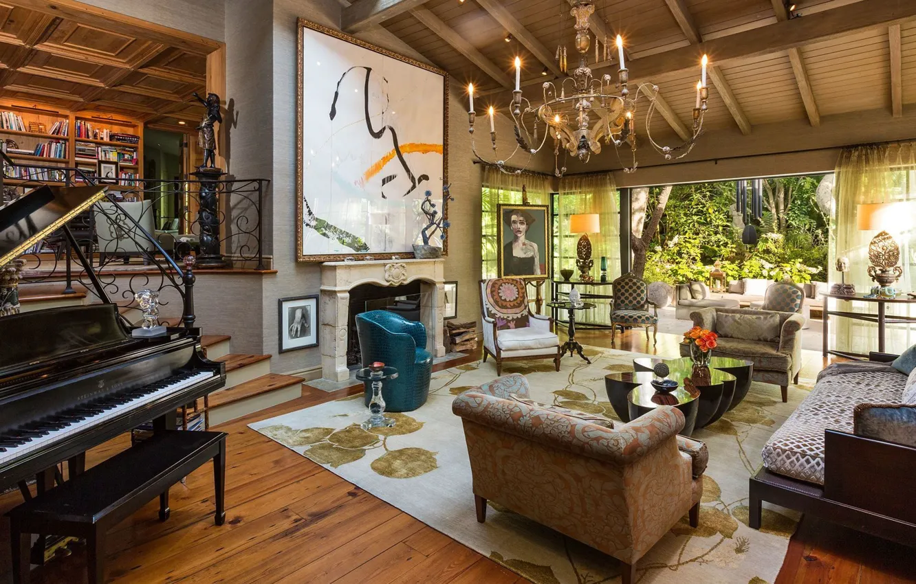 Photo wallpaper design, style, interior, piano, fireplace, living room