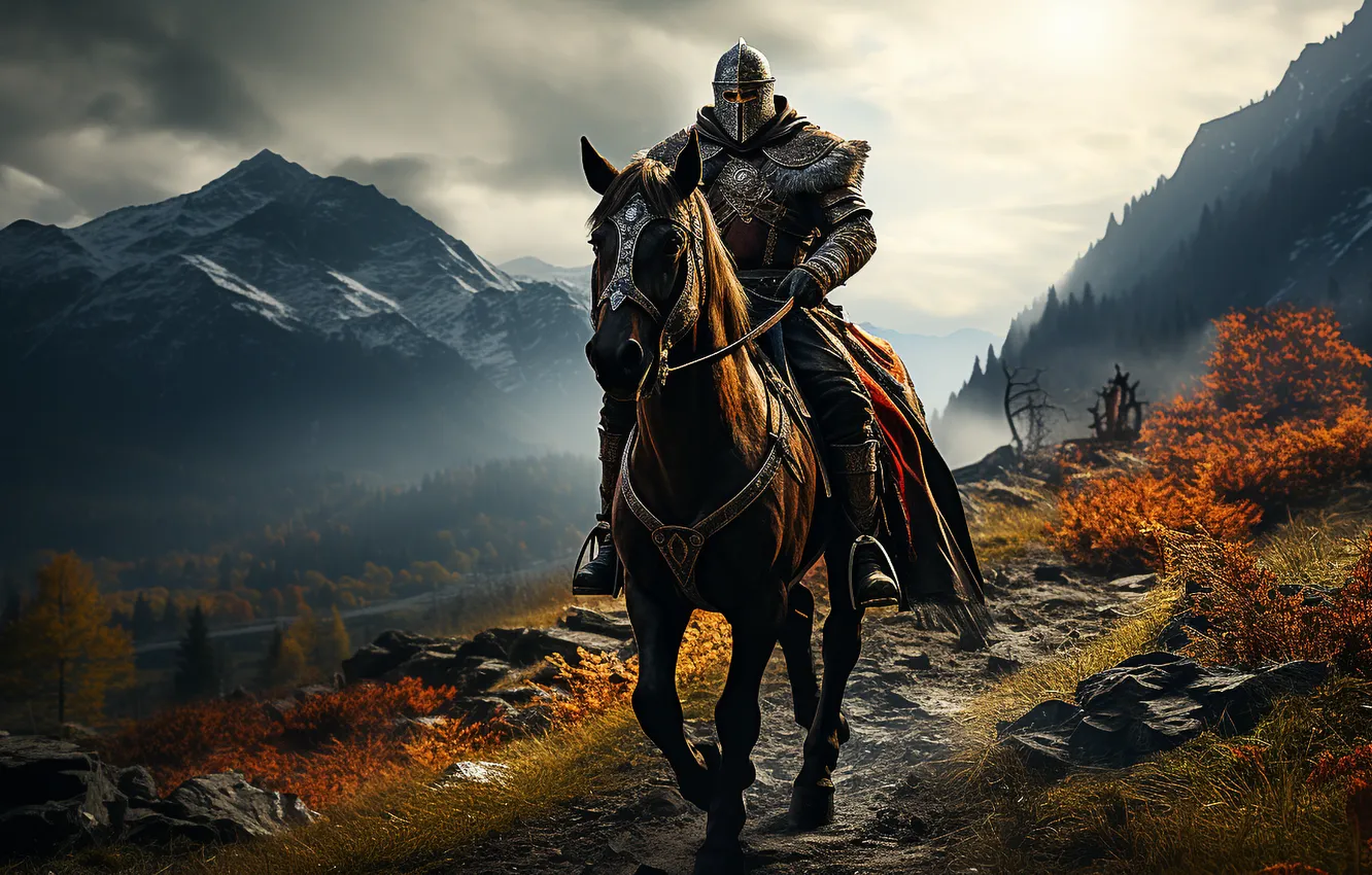 Photo wallpaper armor, sky, trees, mountains, clouds, snow, horse, digital art
