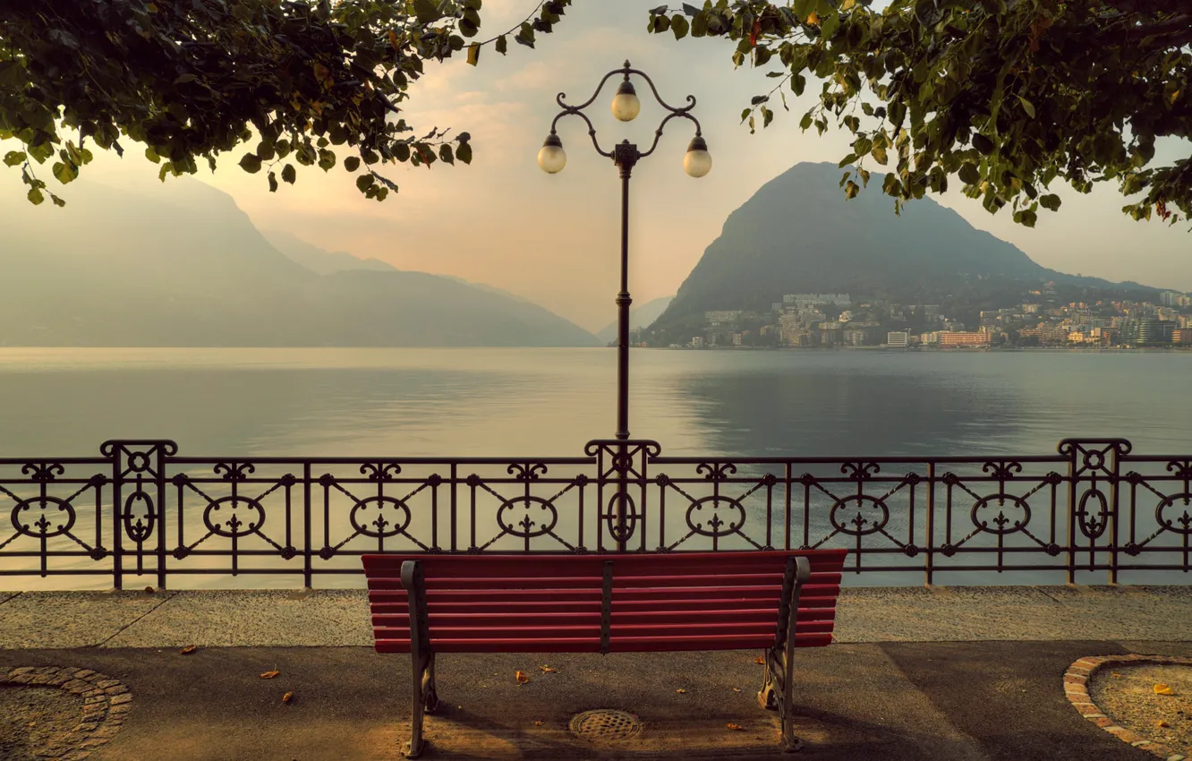 Photo wallpaper mountains, bench, lake, Switzerland, Alps, lantern, promenade, Switzerland
